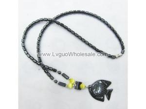 Yellow Cat's Eye Opal Hematite Fish Pendant Healing Necklace